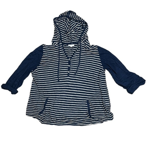 J Jill Women’s Pullover‎ Hooded Sweater Blue White Nautical Stripe Size Large